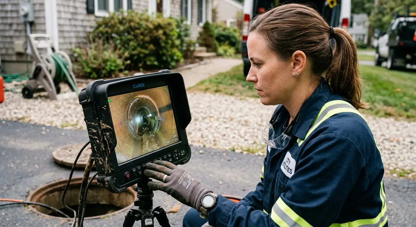 Technician reviewing sewer camera inspection footage in Wendell