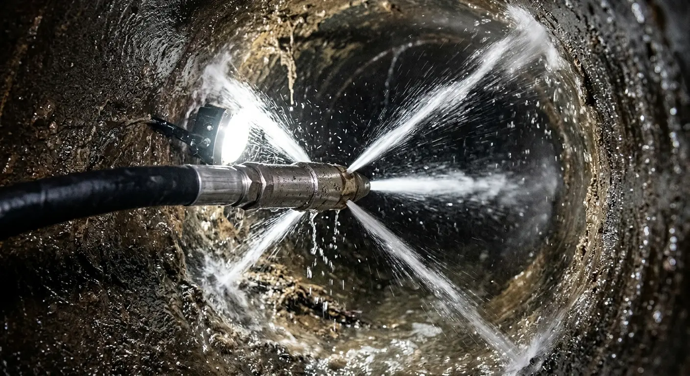 High-pressure hydro jetting nozzle cleaning sewer pipe for Trenchless Sewer Repair in Wendell