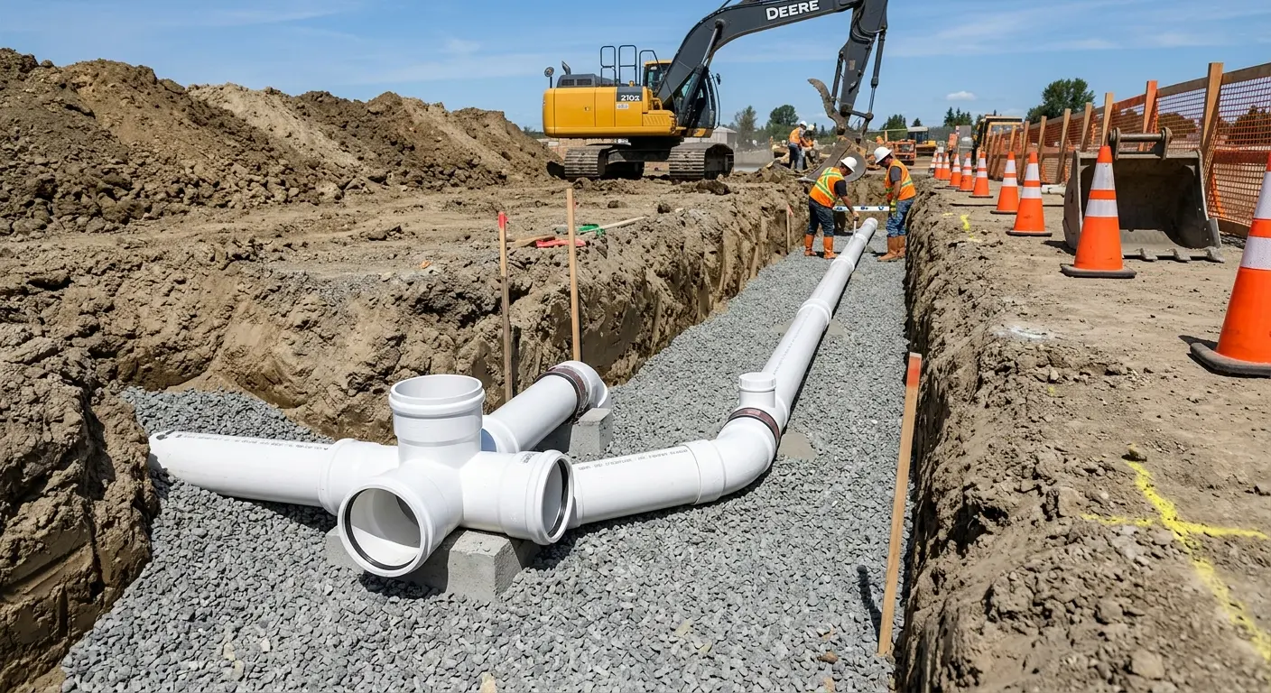 New PVC sewer pipe installation in open trench for Commercial Drain Cleaning in Wendell