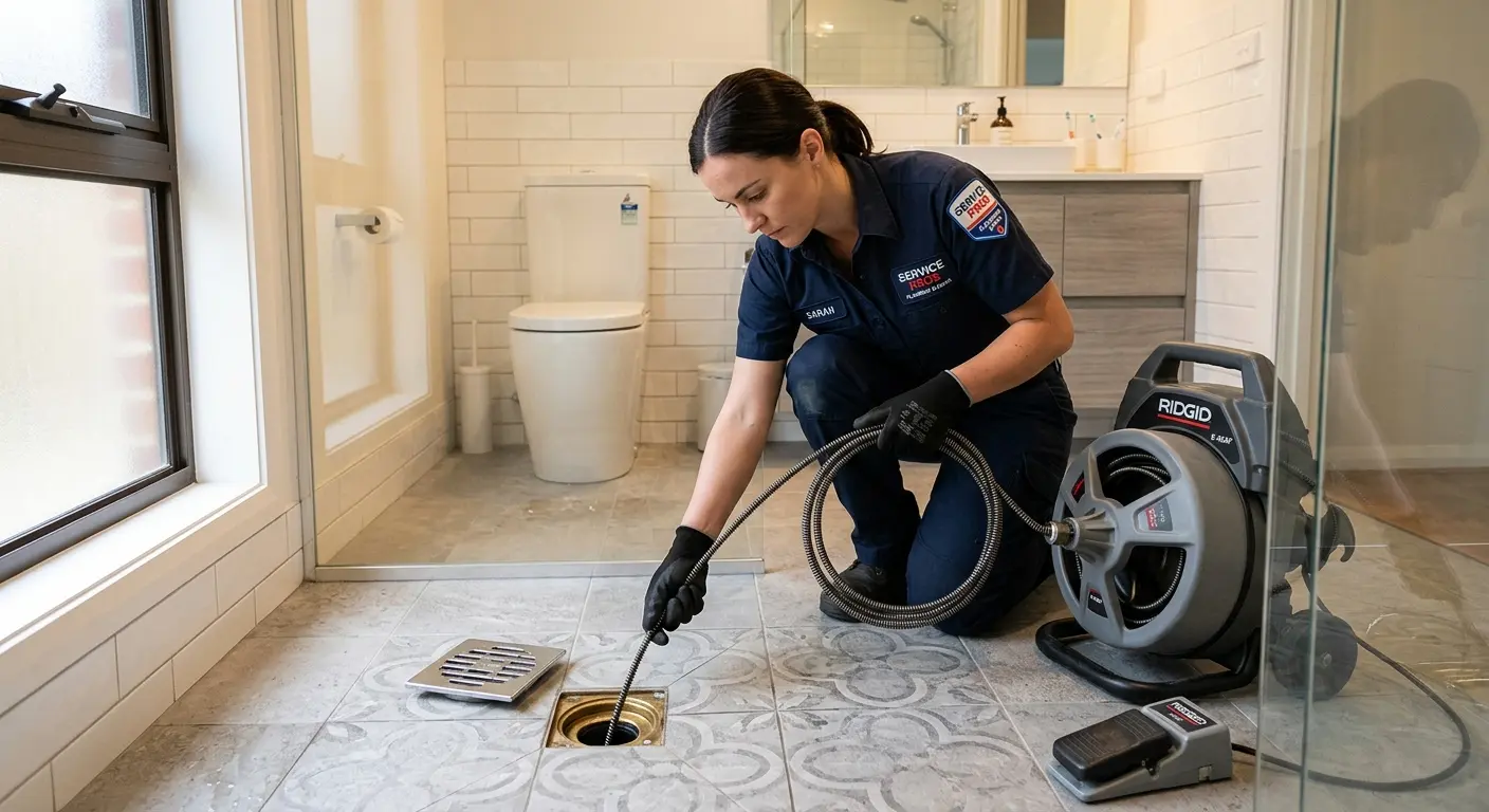 Technician clearing a bathroom floor drain for Sewer Line Replacement in Wendell